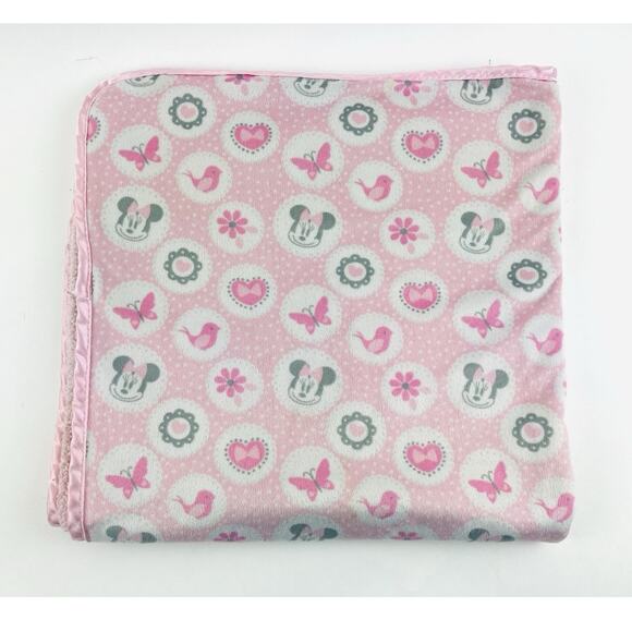 Disney Baby Minnie Mouse Pink Sherpa Style Blanket Bird Butterfly Flower Heart - Picture 6 of 9